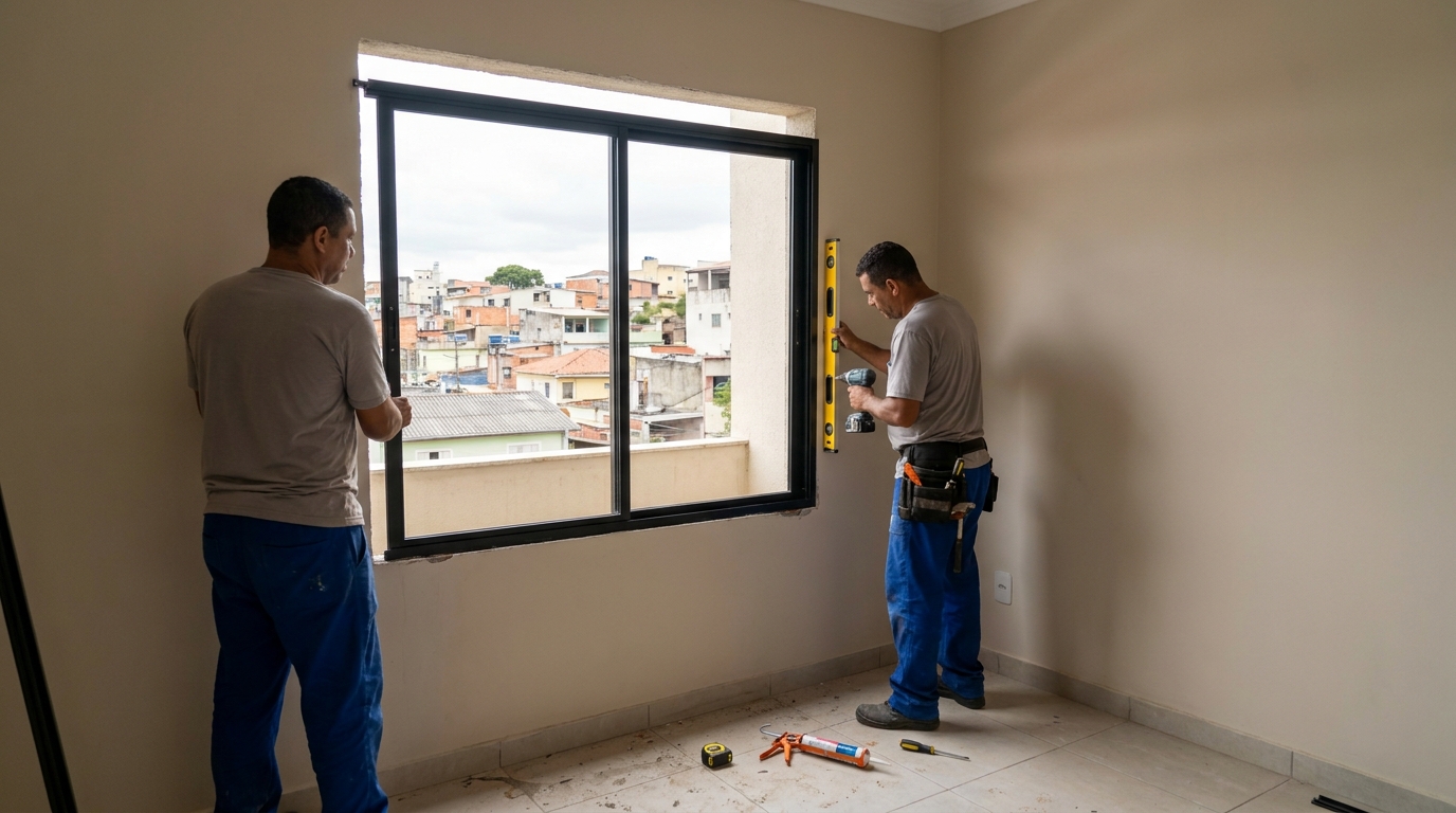 Esquadria de alumínio em quarto bege em Curitiba-PR