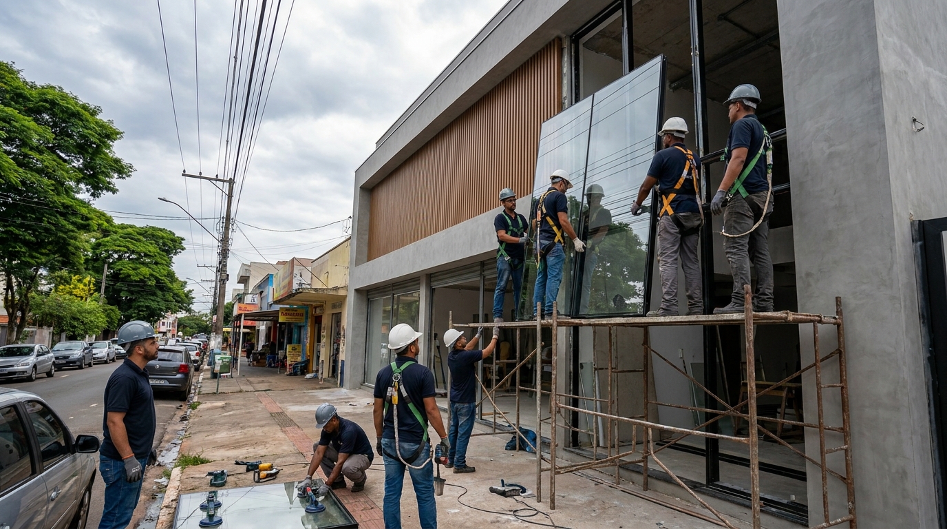 Fachada de vidro com andaime lateral em Curitiba-PR