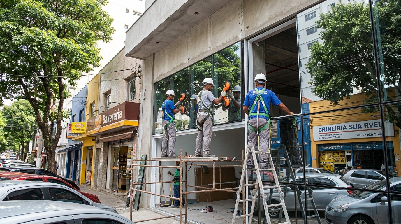 Fachada de vidro com confeitaria vizinha em Curitiba-PR