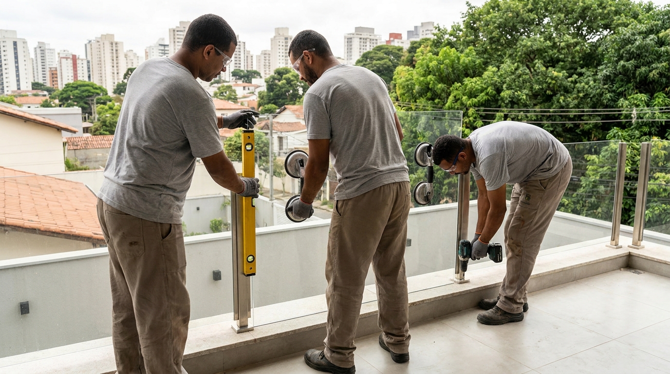 Guarda-corpo em terraço alto com vista cidade em Curitiba-PR