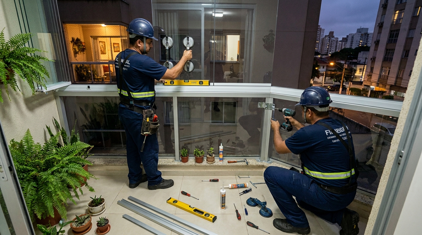 Instalação noturna de parede de vidro em Curitiba-PR