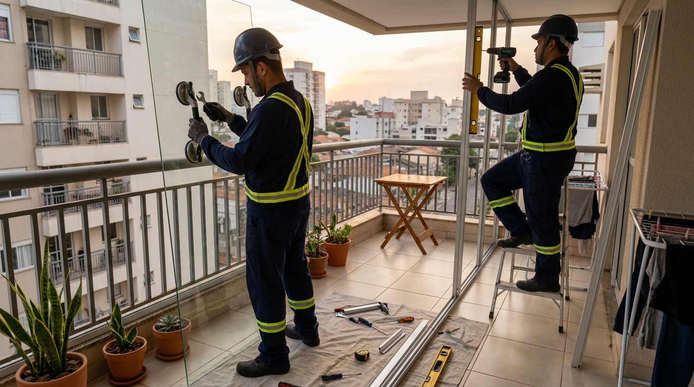 Instalação de parede de vidro em sacada em Curitiba-PR