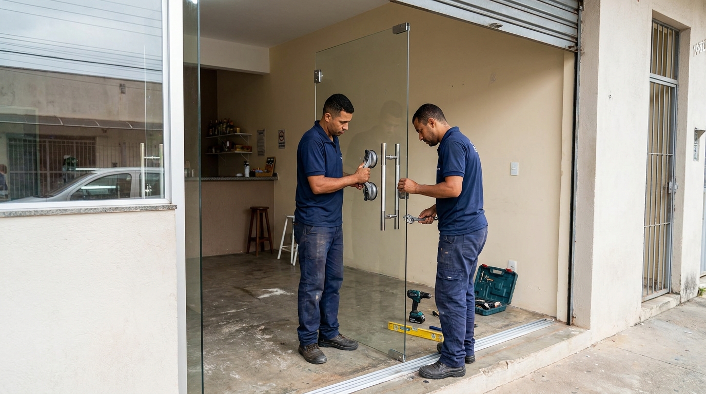 Dupla instalando porta de vidro em loja em Curitiba-PR