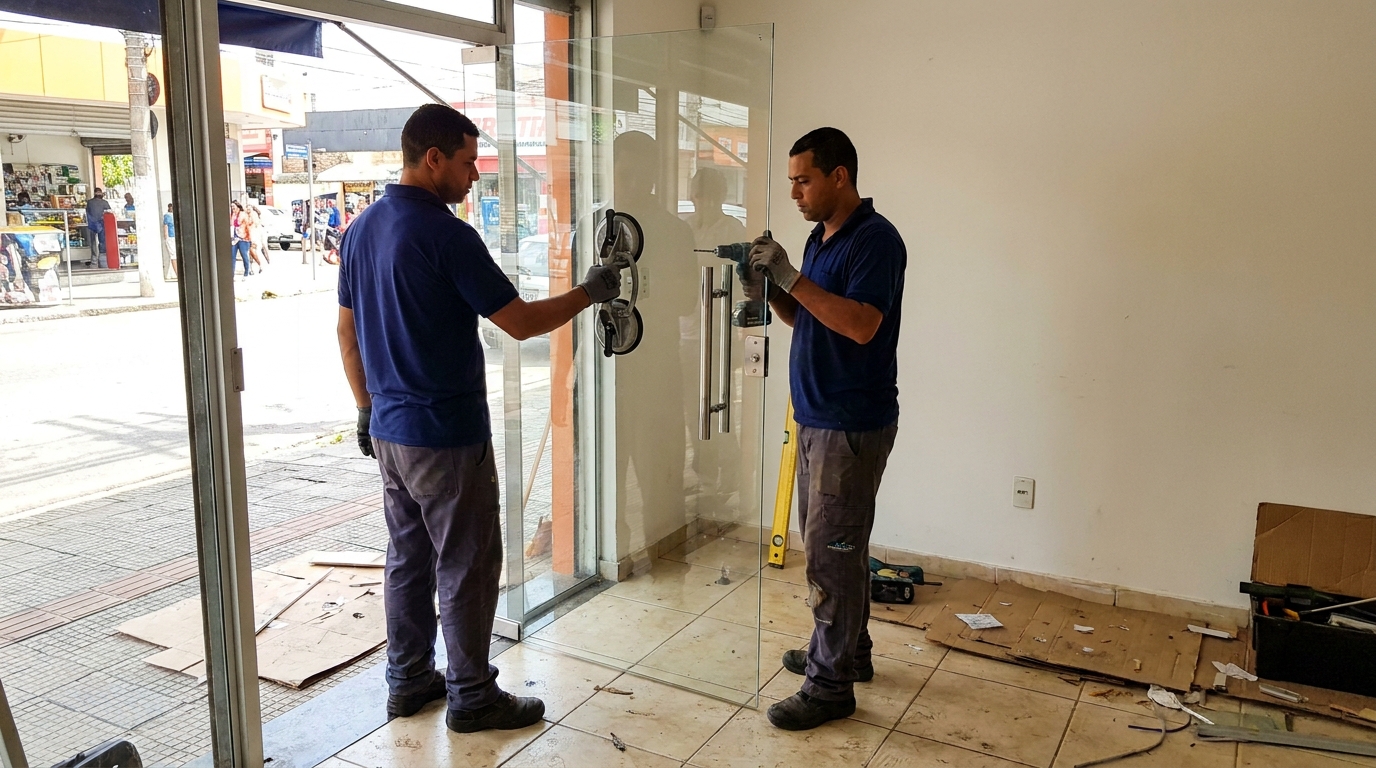 Porta de vidro de loja em rua movimentada em Curitiba-PR