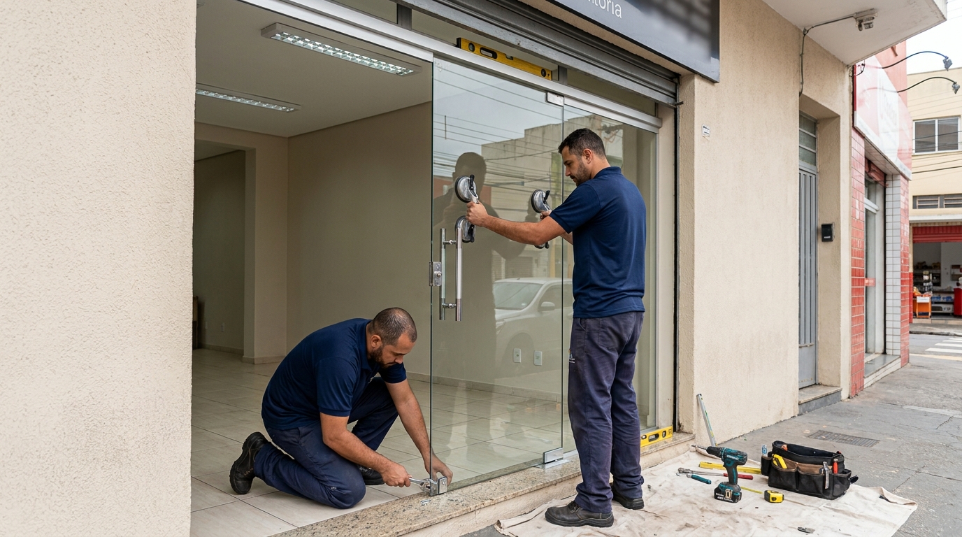 Porta de vidro com puxador inox em Curitiba-PR